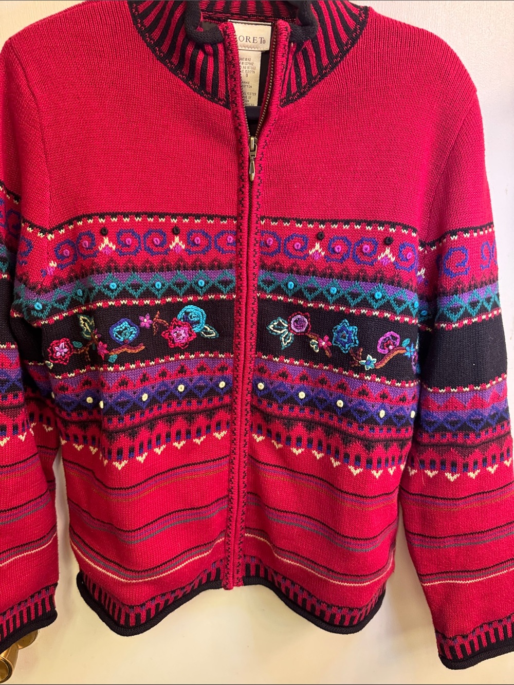 Koret Red Zip-Front Embroidered Pattern Jacket